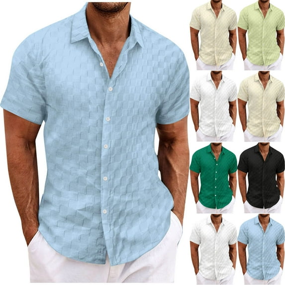 Sales of The Day Clearance BiZtdJrK Men's Short Sleeve Lapel Shirt Casual Plaid Knit Hawaiian Shirts Solid Color Button Down Vacation Beach Tops Black XXL