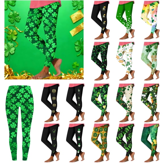 BiZtdJrK Womens St Patricks Leggings Stretchy High Waisted Soft Legging Pants Irish Shamrock Clover Print Tight Workout Yoga Pants Yellow XL