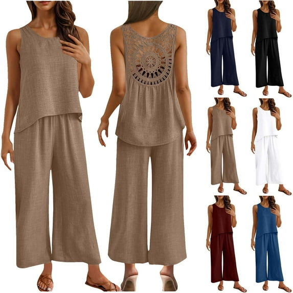 Mother's Day Gifts! QATAINLAV Women's 2 Piece Outfits 2025 Summer Casual Back Hollow Out Tank Tops and Wide Leg Pants Lounge Set Vacation Clothes Dark Blue XXL