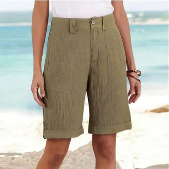 Sales of The Day Clearance Prime! QATAINLAV Women's Cotton Linen Button Beach Shorts with Pockets Solid Color Casual Elastic Waist Work Shorts Knee Length Wide Leg Bermuda Shorts Khaki XL