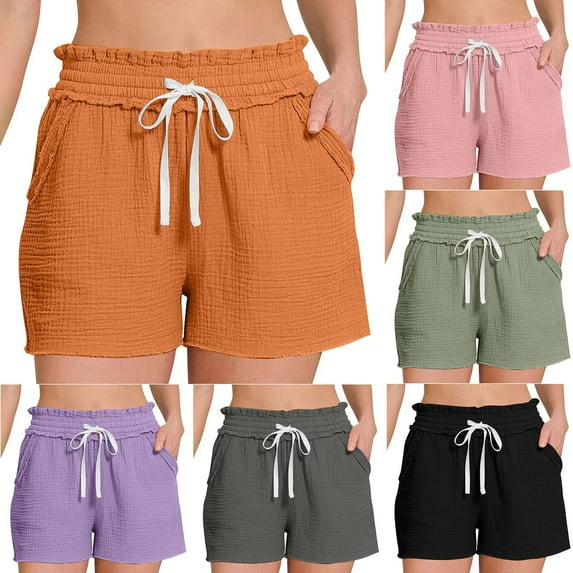 lcziwo Women's Pajama Shorts Drawstring Elastic Waist Pleated Shorts Comfy Breathable Loose Casual Shorts with Pockets Black S