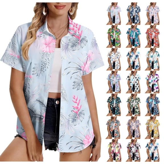 Sales of The Day Lightning! BiZtdJrK Wamen Funny Hawaiian Palm Tree Shirts Casual Button Down Beach Summer Short Sleeve Shirt Fashion Tropical Beach Tops Dark Gray L
