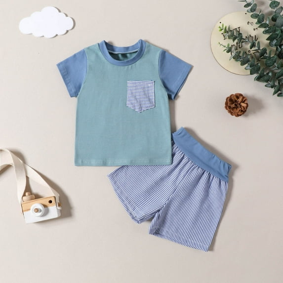 Sales!Honeeladyy FashionBoys' Casual Short Sleeve Tops Turndown Collar Botton Solid Short Pants Sets for Party(Blue,6-9 Months)