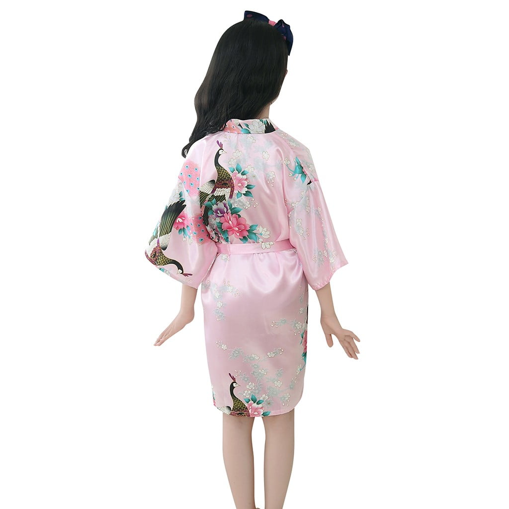 Sales Honeeladyy Toddler Baby Kid Floral Silk Satin Kimono Robes