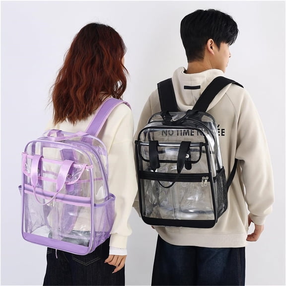 Sales Hot Black Clear PVC Backpack Transparent Bookbag with Top Carry Handle Double Zipper Front Pocket Adjustable Shoulder Straps See Through Backpack for School College Work Concert Sports Travel