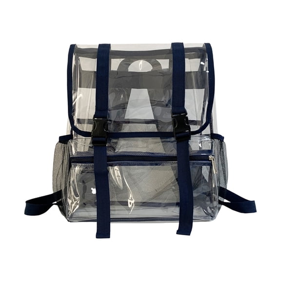 Sales Hot Blue Flap Buckle Clear PVC Backpack Transparent Bookbag Roll Top Design Dual Adjustable Buckle Straps Side Mesh Water Bottle Pockets See Through Backpack for School Concert Sports Travel