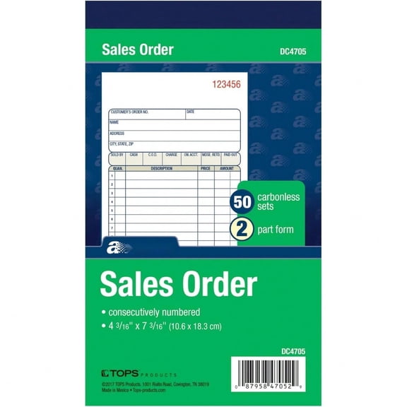 Sales Order Book, 2-Part, Carbonless, White/Canary, 4-3/16 x 7-3/16 Inches, 50 Sets per Book (DC4705)