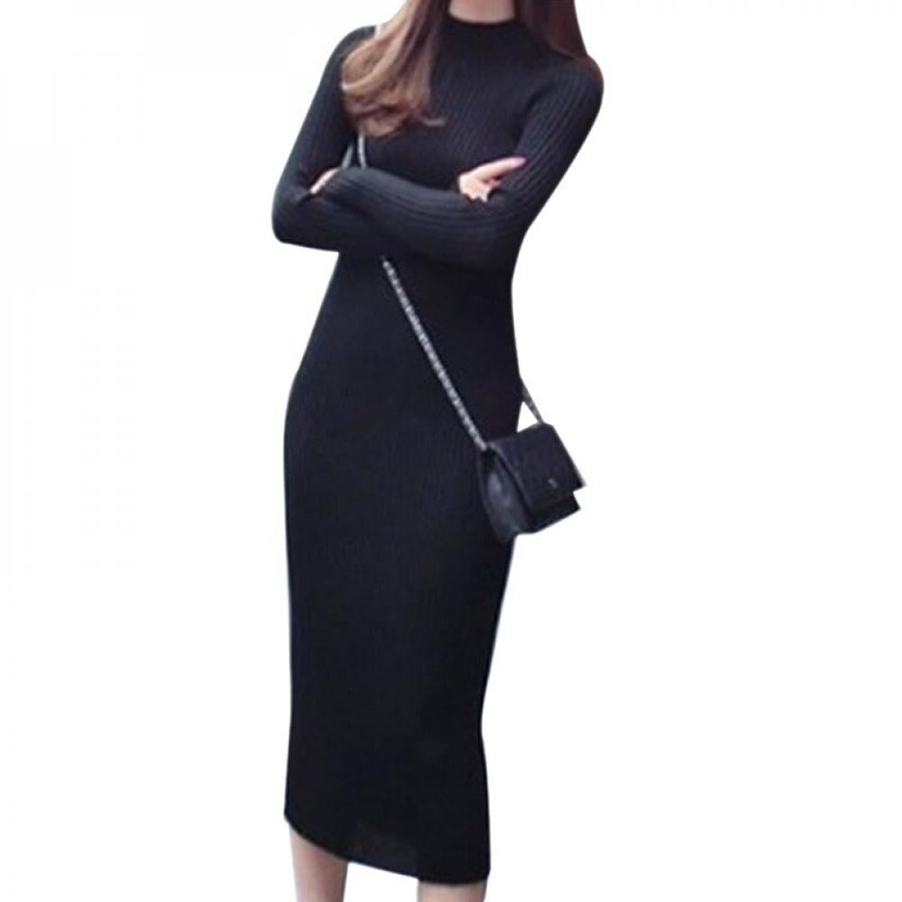 Sales Promotion!Women Sweater Dresses Turtleneck Long Sleeve Midi Dresses  Women Bodycon PartyDresses Vestido Black - Walmart.com