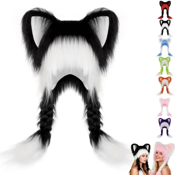 Sales Today under $10 Black Knit Cuffed Beanie GIJNRIUIUA Soft Furry Animal Ear Hat with Braids Cute Plush Hat Winter Warm Earmuffs Head Accessory Hijab Underscarf