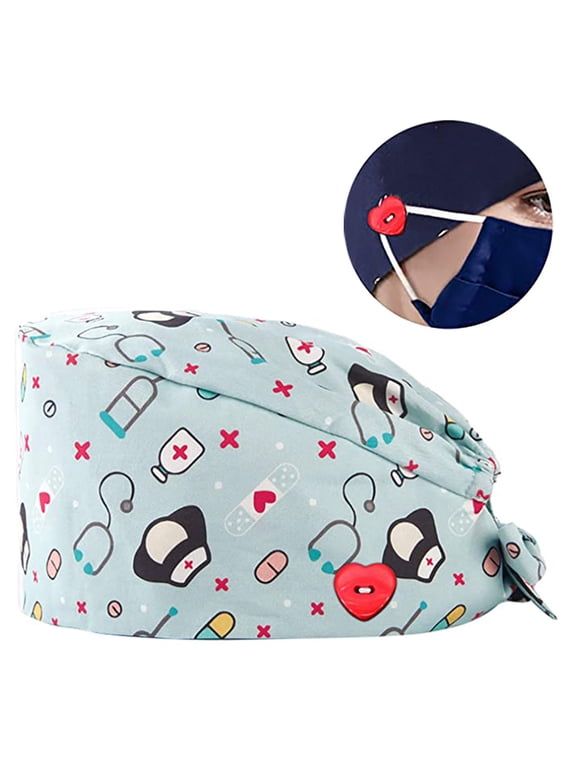 Sales Today Under $5 Green GIJNRIUIUA Scrub Caps Surgical Hat with Buttons Cartoon Animal Cat Print Tie Back Adjustable Nurse Doctor Pediatric Medical Cap for Women Men