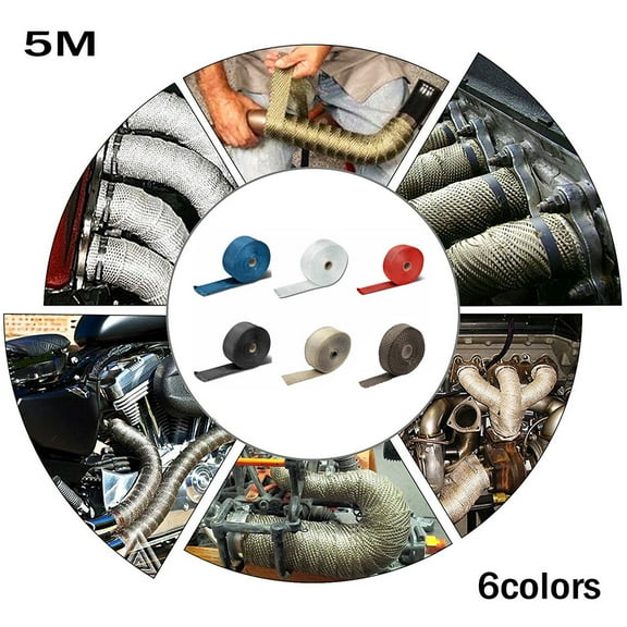 2.5CM 5M Roll Fiberglass Exhaust Header Pipe Heat Wrap Tape, 4 Ties Kit, High-Temperature Heat Insulation for Exhaust Systems, Car Accessories