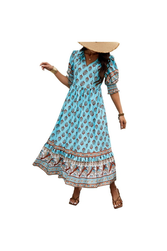 Cxenplz Women's Boho Summer Dress 2025 Puff 3/4 Sleeve Tassel V Neck Casual Ruffle Bohemian Print Flowy A-Line Beach Maxi Long Dresses