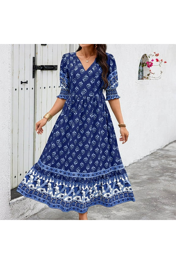 Women's Boho Summer Dress 2025 Puff 3/4 Sleeve Tassel V Neck Casual Ruffle Bohemian Print Flowy A-Line Beach Maxi Long Dresses