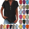 thumbnail image 1 of BiZtdJrK Cotton Linen Beach Tops for Women Plus Size Loose Fit V Neck Summer Shirts Solid Casual Short Sleeve Tees Shirt 2025 Vacation Outfits Green M, 1 of 7