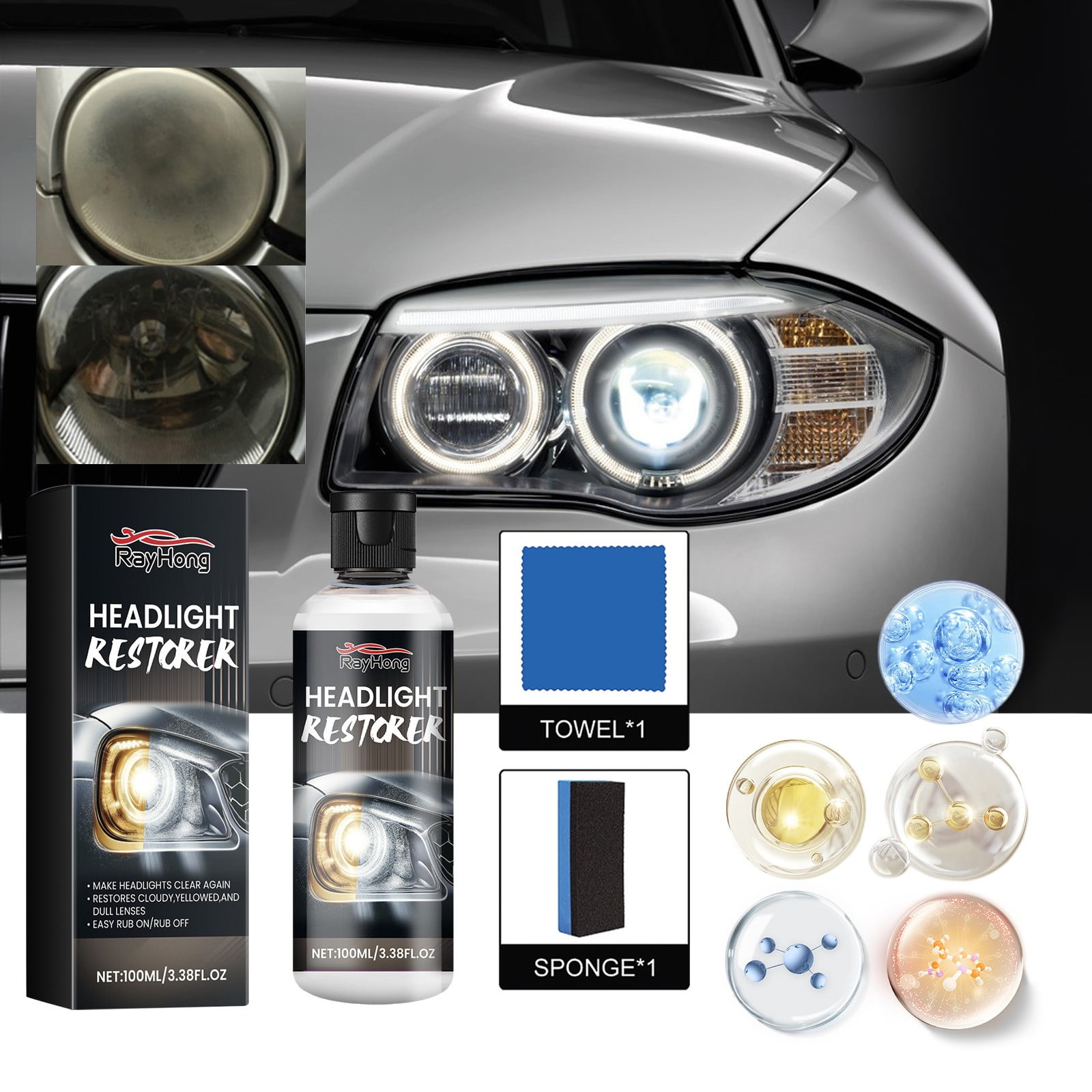 Sales Today Clearance! Car Headlight Restoration Kit, 100ml Lens Restorer & Yellowing Repair Agent, Headlamp Scratch Repair & UV Protection Deals of The Day Clearance!