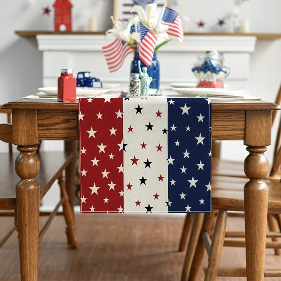 Gosuguu 4th of July Table Runner, Patriotic American Independence Day Tablecloth, Red, White, and Blue Star Pattern Decorative Tablecloth, Holiday Table Runner for Dining, Kitchen, and Parties