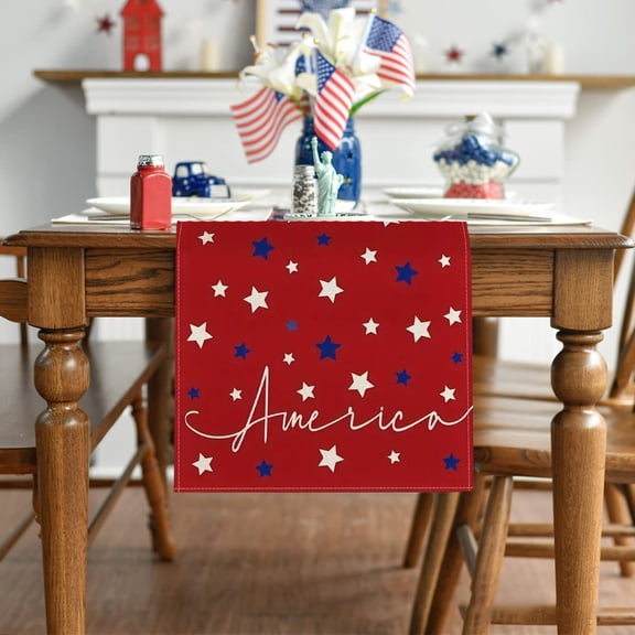 Gosuguu 4th of July Table Runner, Patriotic American Independence Day Tablecloth, Red, White, and Blue Star Pattern Decorative Tablecloth, Holiday Table Runner for Dining, Kitchen, and Parties