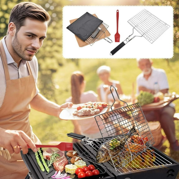Sales Today Clearance! Gosuguu Stainless Steel Grilled Fish Grill, Large BBQ Grill, Foldable Outdoor Grill Tools for Fish, Meat, and Vegetables, Portable Cooking Tool for Camping