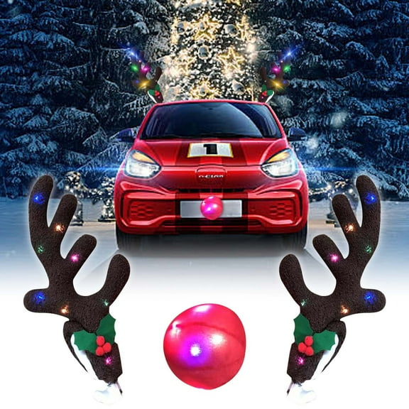 LED Luminous Antlers Car Decoration, 5 Antlers Brown Reindeer Nose, Fun Car Christmas Decoration for Vehicle Front Grill or Hood