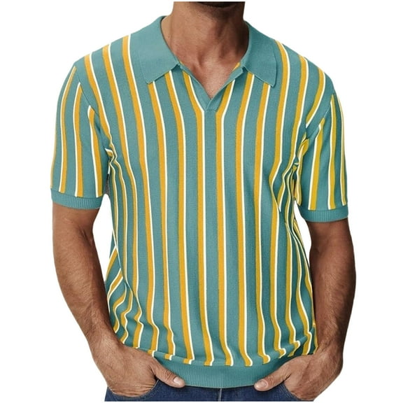 Men's Knit Shirts Short Sleeve Vintage Striped Casual Golf Classic Collared T Shirt XXL