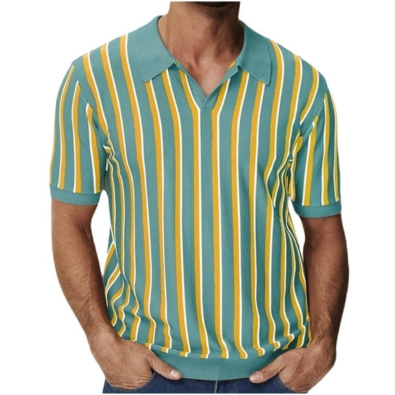 Men's Knit Shirts Short Sleeve Vintage Striped Casual Golf Classic Collared T Shirt XXL