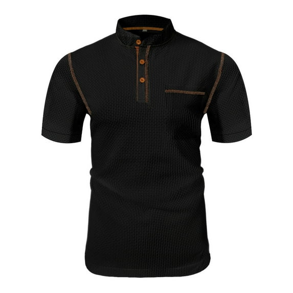 Mens Vintage Henley Shirt Short Sleeve Mock Neck Slim Fit Casual Cotton Top Basic Button Tshirt with Chest Pocket L