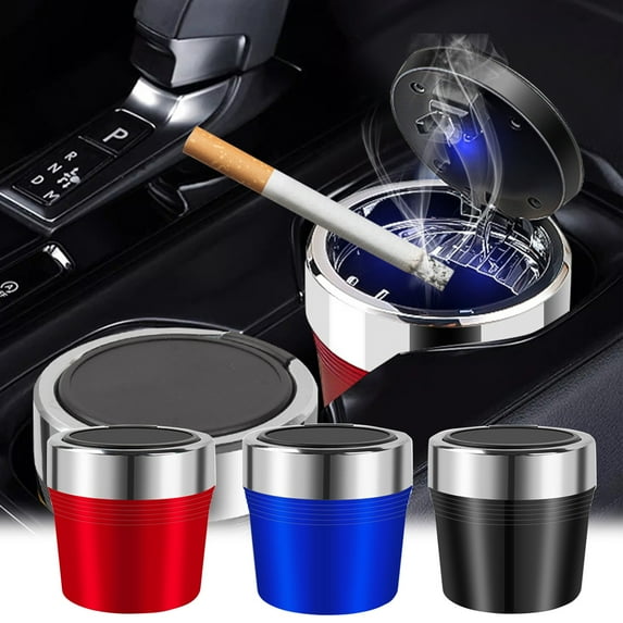 Metal Car Ashtray with LED Light, Flame-Retardant Auto Ashtray with Open Cover, Compact & Stylish Automotive Ashtray, Essential Car Accessory