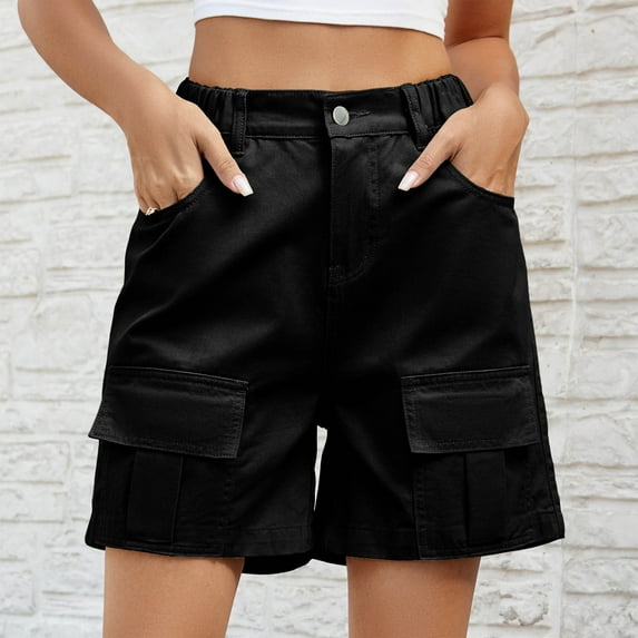 Womens Sweat Casual Summe Shorts Fashion Women's Spring/Summer Pocket Buckle Mid Waist Tight Capris,Black,S