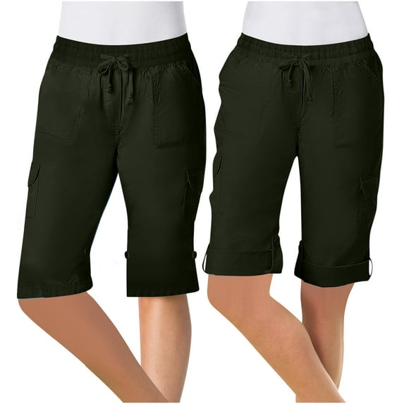 Womens Sweat Casual Summe Shorts Women Fashionable Solid Color Multi Pocket Casual Drawstring Workwear Straight Leg Capris,Army Green,S