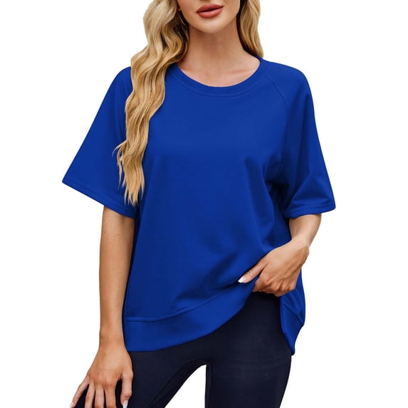 Sales Today Clearance Oversized Crewneck Sweatshirt Women Solid Color Threaded Round Neck Mid Sleeve Loose Short Sleeved Sweatshirt For Women Womens Hoodie Sweatshirt Causal