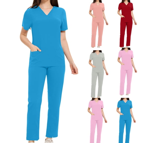 QATAINLAV Scrubs for Women Set Short Sleeve V Neck Work Tops and Casual Straight Leg Pants 2 Piece Outfits Solid Uniform with Pockets Red XXL