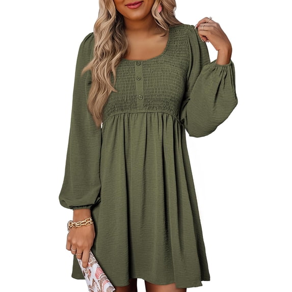 Sales Today Clearance Women's Casual Dress Womens 2024 Casual Dress Smocked Crewneck Button Up Long Sleeve Empire Waist A Line Dress