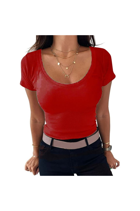 Womens Basic Short Sleeve Slim Fit T Shirts Women's Casual Solid Color Short-Sleeved U-Neck Top,Red,3XL