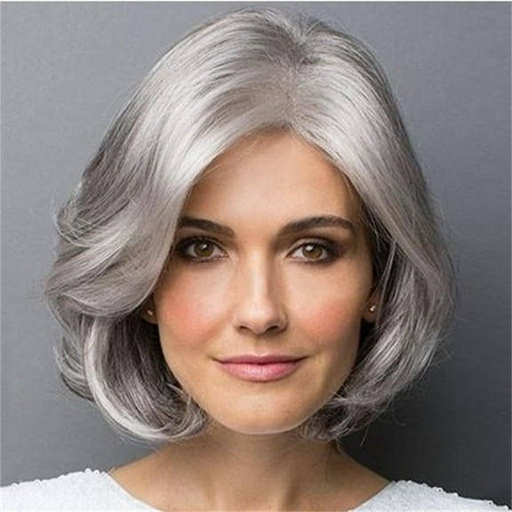 Sales Today Clearance!Xurol Short Curly Human Hair Wigs,A Woman's Short Hair Has A Silver Synthetic Top Middle Wig With Grey Edges,Grey