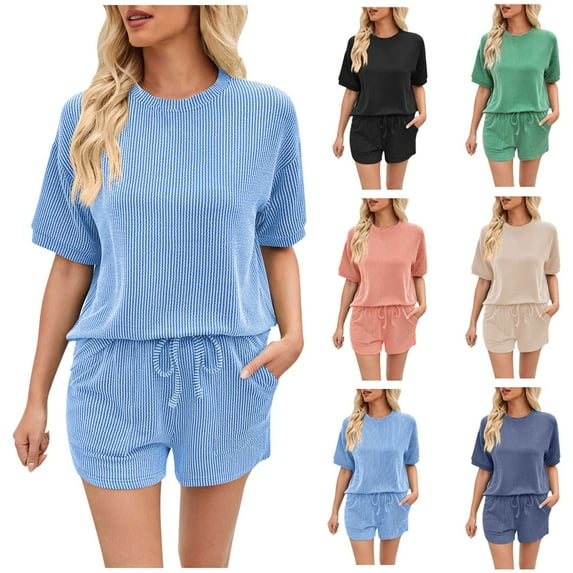Today kttectoa Ribbed Matching Sets with Pockets Plus Size Summer Outfits Solid Round Neck Short Sleeve Drawstring Shorts 2 Piece Sets for Women Valentines Day