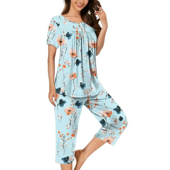 Today kttectoa Trendy Button Pleated Loungewear Sets for Women Floral Graphic Crewneck Short Sleeve Elastic Waist Capri Outfits for Womens Casual Daily Wear
