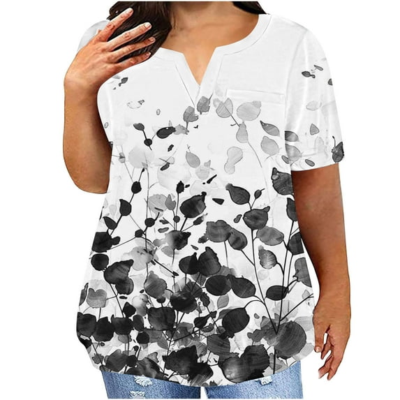 Today kttectoa Trendy Casual Plus Size Tunic Curved Hem Blouses Shirts for Women Floral Graphic T Shirts Short Sleeve Round Neck Blouse for Ladies Fall Savings Costume