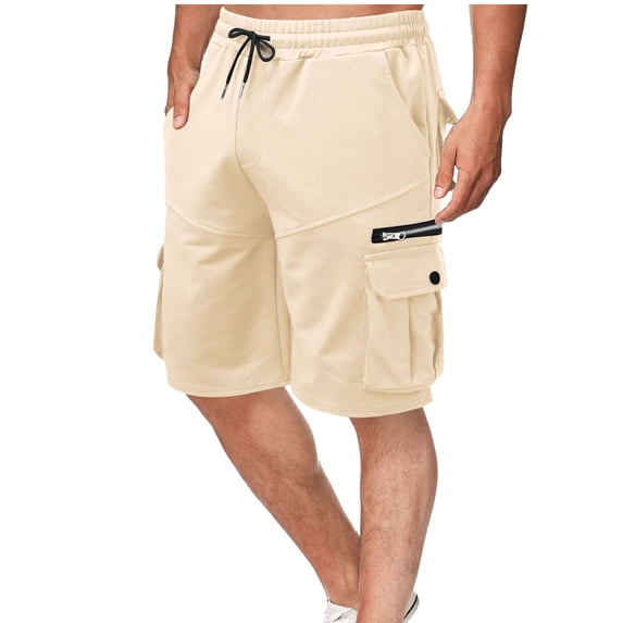 HOOMEUMY Men's Summer Sweat Shorts with Pockets Zipper Solid Color Jogger Bermuda Shorts Drawstring Elastic Waist Beach Shorts Khaki 10