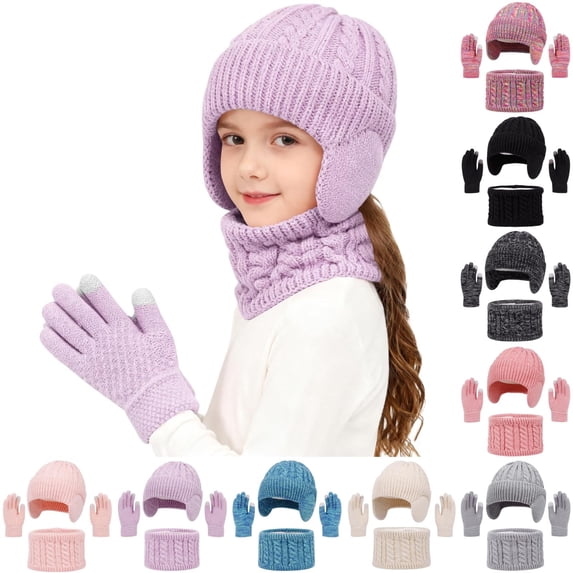 Sales Today Hat, Scarf & Glove Sets for Women Men GIJNRIUIUA Under $9 3 Pcs Kids Winter Hat Gloves Scarf Set Toddler Knitted Beanie Hat Neck Warmer Mittens Fleece Lined Set for Boys and Girls Purple