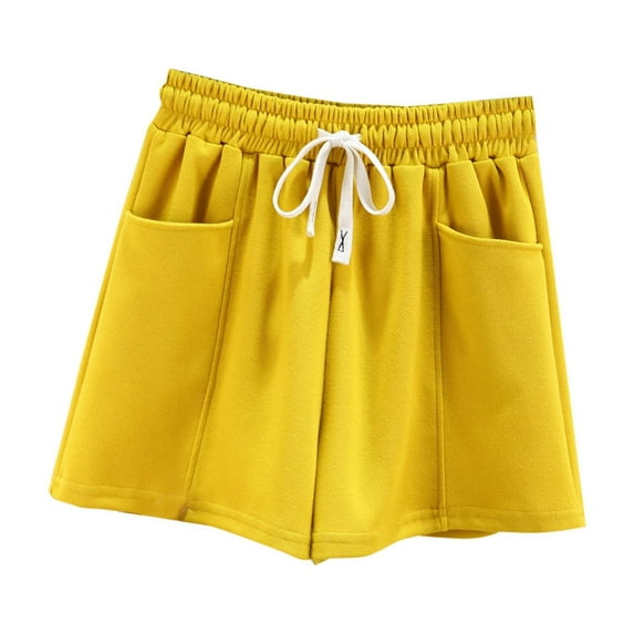 Sales Today Olyvenn Women's Summer Drawstring Shorts with Pockets Solid Color High Waist Loose Fit Athletic Shorts Beach Shorts Yellow 4