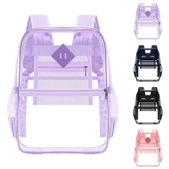 Sales Today Purple Clear Backpack Transparent Bookbag Patch Front Zipper Pocket Side Mesh Water Bottle Pockets Adjustable Padded Shoulder Straps See Through Backpack for School Concert Sports Travel