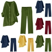 Sales Today Sweatsuits 2Pcs Sets Womens ZVAVZ Lady Cotton Linen Outfits Buttons Long Sleeve Shirt Casual Loose Pants Tracksuit Casual Pants 2 Piece Set
