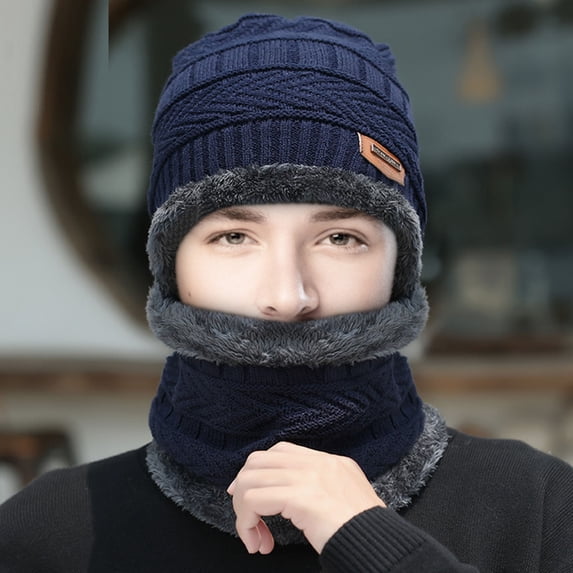 Sales Today Under $5 Blue Knit Short Watch Cap GIJNRIUIUA Suit Windproof Winter Plush Hat Scarf Cycling Thermal Two- Baseball Caps Muslim Scarf
