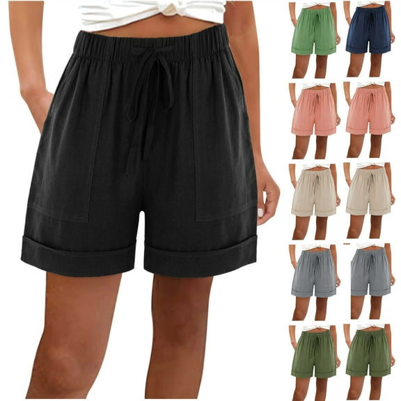 Sales for Today on Walmart, BiZtdJrK Womens Summer Linen Drawstring Beach Shorts with Pockets Solid Casual High Waisted Short Pants Wide Leg Bermuda Shorts Vacation Clothes Army Green M