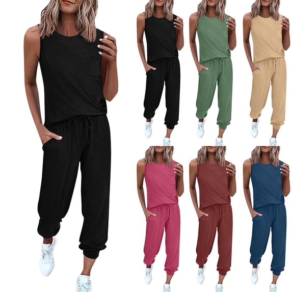 Sales for Today on Walmart! JURANMO Women's Two Piece Outfits Casual Summer Sleeveless Crewneck Tank Tops and Sweatpants Tracksuit Solid Color Lounge Wear with Pockets Blue XL