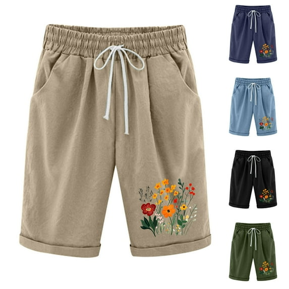 Sales for Today on Walmart! lcziwo Womens Knee Length Shorts Drawstring Floral Print Casual Work Shorts Comfy Jogger Hiking Shorts with Pockets Army Green S