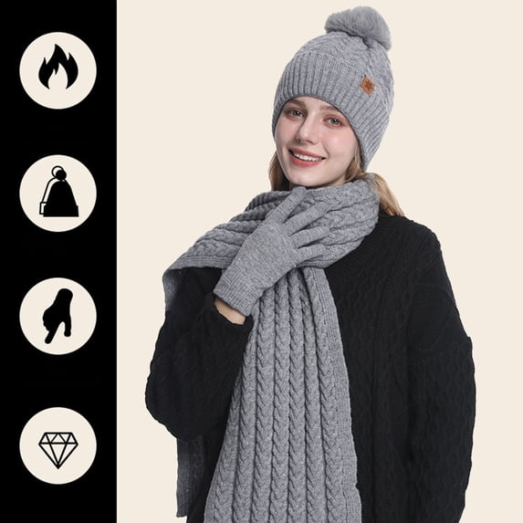 Sales Today Winter Beanie Hat Scarf Gloves Headband Set GIJNRIUIUA Under $15 Women's Winter Solid Color Warm Cycling Ear Knitted Hat Scarf Glove 3 Piece Set Gray