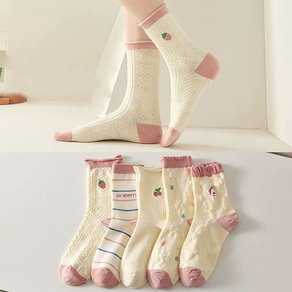 Sales Today Women's Ankle Socks Under $5 GIJNRIUIUA Pink Crew Socks 5 Pairs White Cute Socks Women's Lace Ruffles Ankle Casual Sock Breathable Mid Tube Socksfloral Socks Ruffle Socks