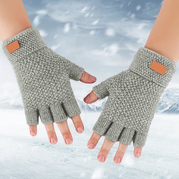 Sales Today Women's Winter Fingerless Gloves GIJNRIUIUA Under $4 Half Finger Warm Knit Gloves for Adult Thickened Open Finger Outdoor Jacquard Gloves for Cycling Gray Gloves & Mittens