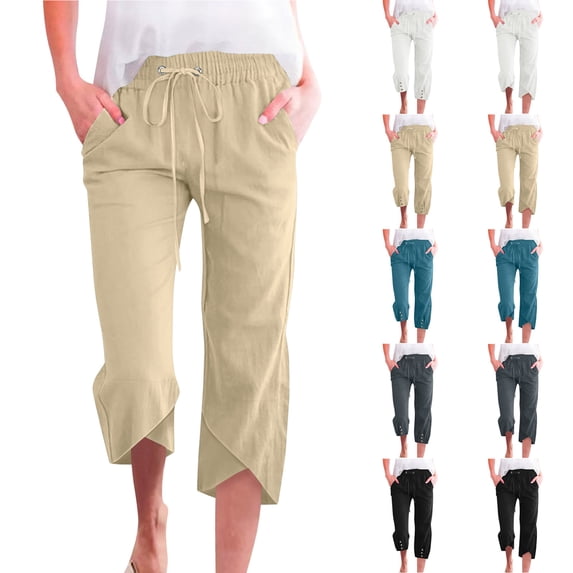 Sales Today, lcziwo Capri Pants for Women Summer Casual Cotton Linen Elastic High Waisted Drawstring Beach Cropped Trousers Loose Tulip Hem Capris with Pockets Black L